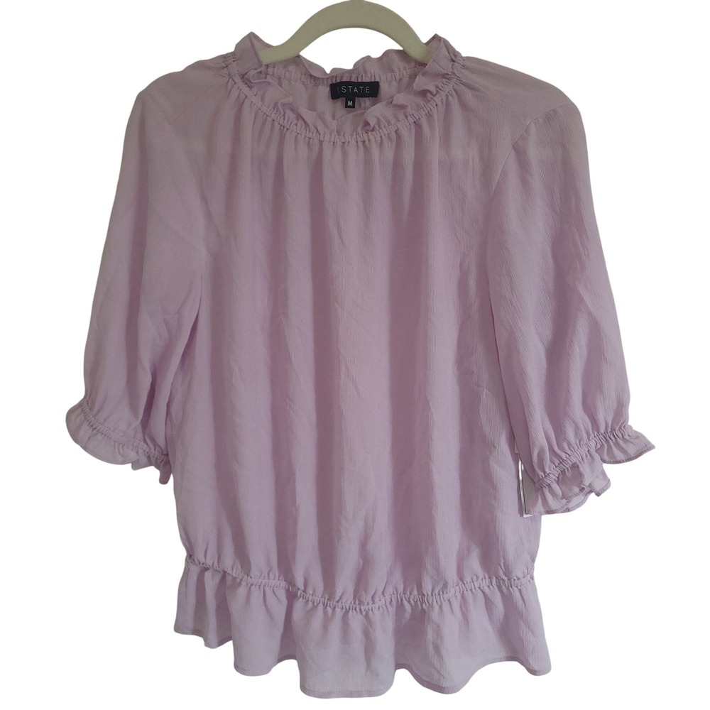 NWT‎ 1. STATE Women's Lavender Ruffled Neck 3/4 Sleeve Peplum Blouse Top M
